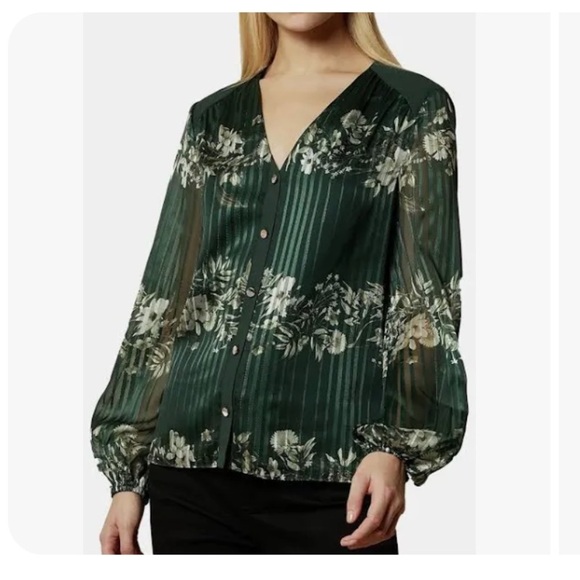 TED BAKER Eveliin Green Floral Blouse with Metallic Threads and sheer sleeves 2 - Picture 5 of 11